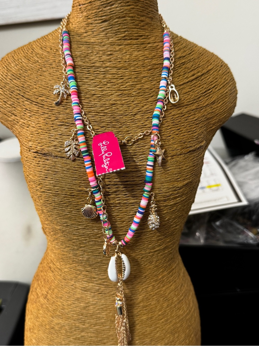 Lilly Pulitzer Multicolor Beaded Shell Charm Necklace with Gold Accents